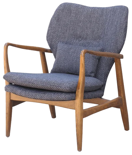 A modern wooden chair with grey cushions