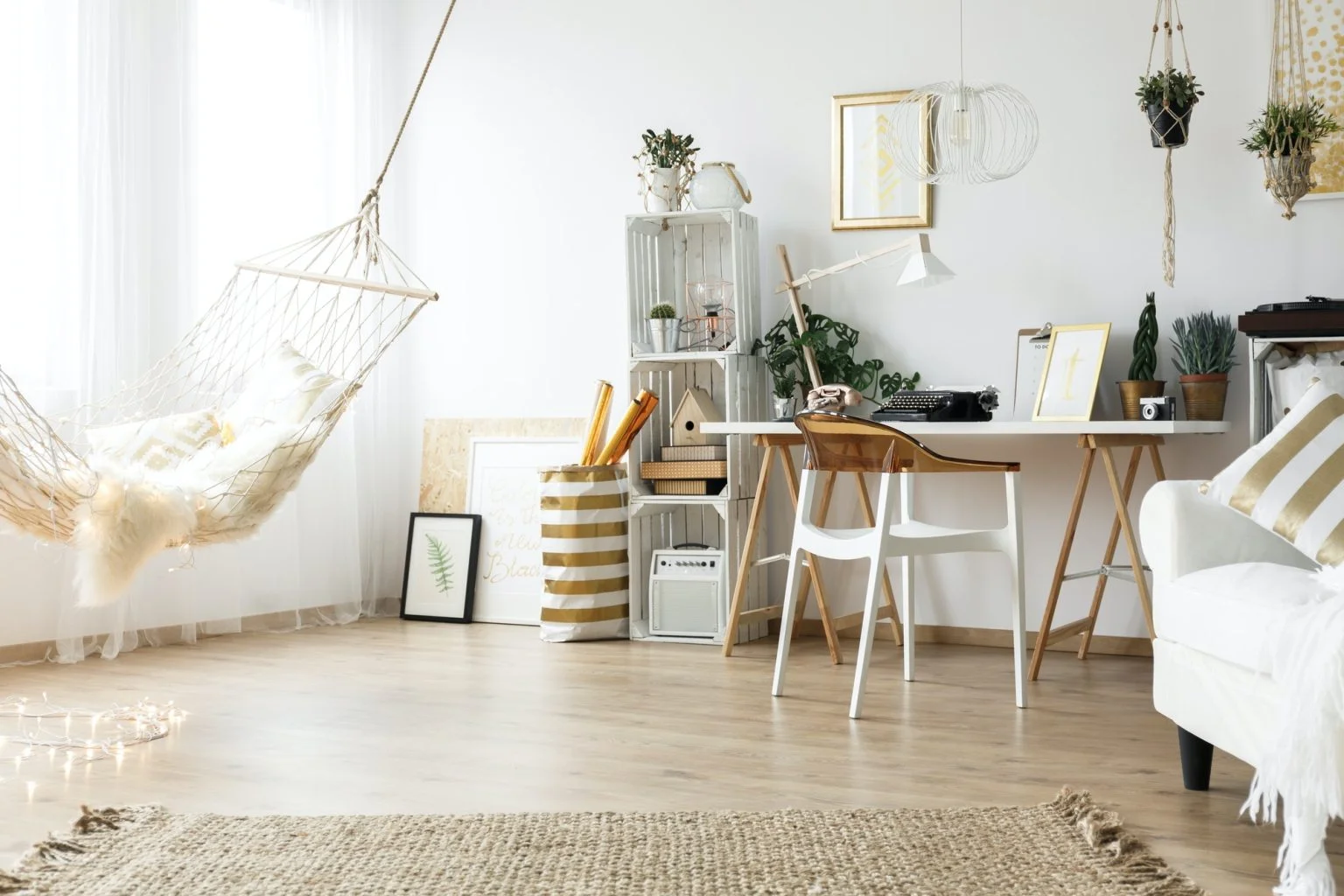 Modern office interior with desk, chair and decorative items